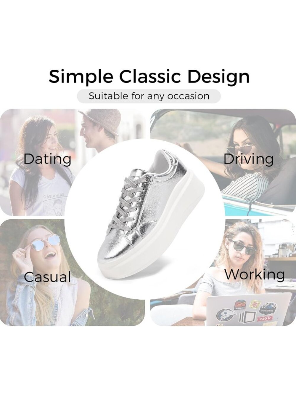 🆕Women's Silver Platform Fashion Sneakers Classic Low Top Thick Sole Casual - Picture 4 of 6